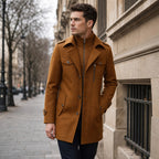 Long Wool Coat Structured Collar Cognac Brown – Styled Editorial Shot