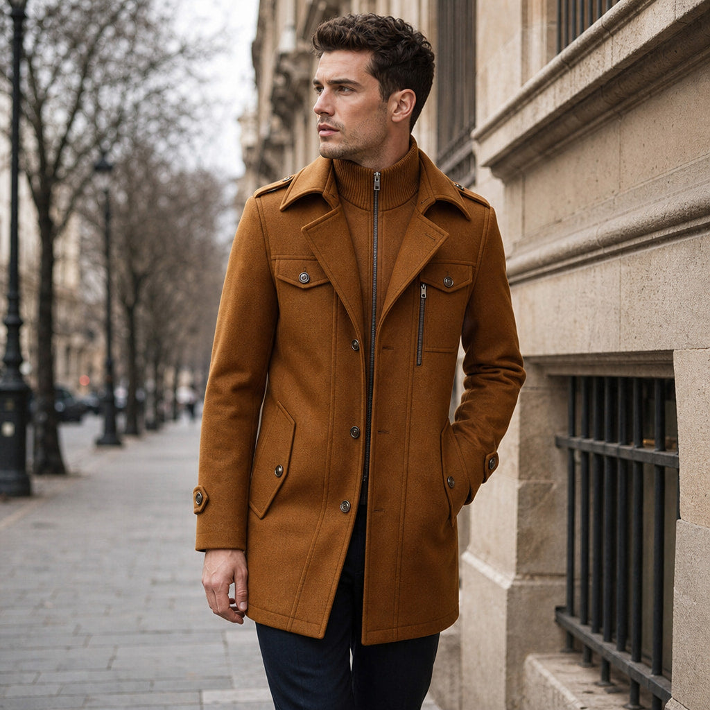 Long Wool Coat Structured Collar Cognac Brown – Styled Editorial Shot