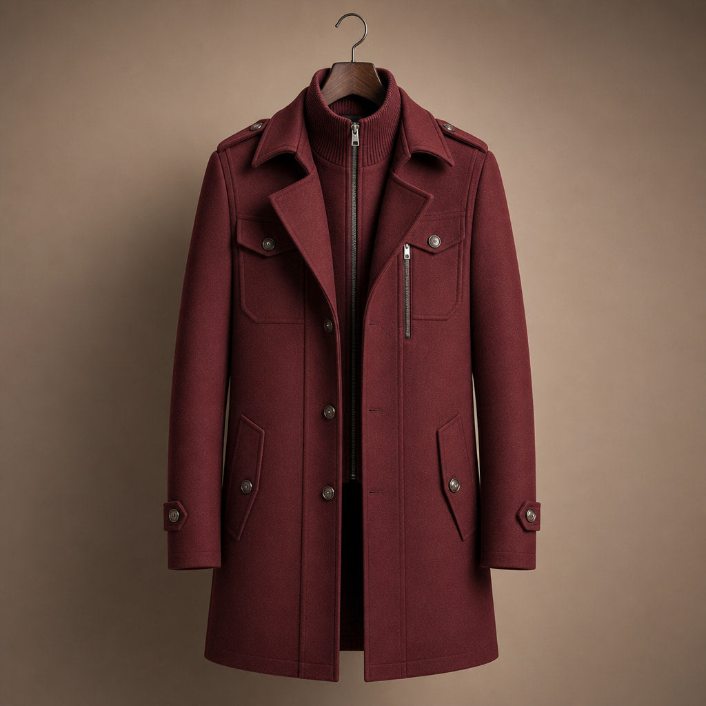 Long Wool Coat Structured Collar Crimson Red – Product Photo