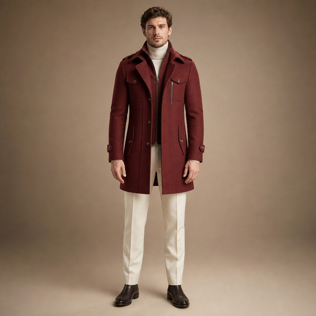 Long Wool Coat Structured Collar in Crimson Red – Tarlano Premium Menswear