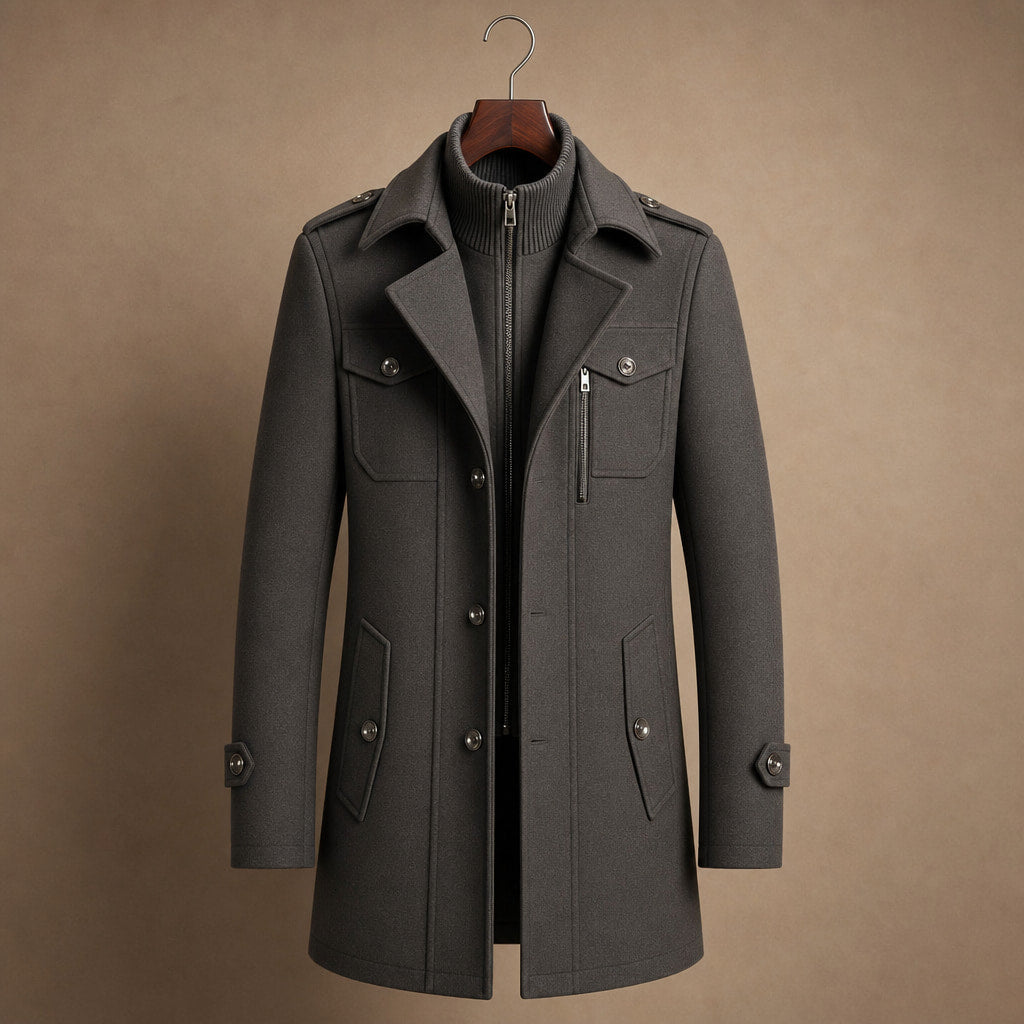 Long Wool Coat Structured Collar Graphite Gray – Product Photo