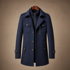 Long Wool Coat Structured Collar Navy Blue – Product Photo