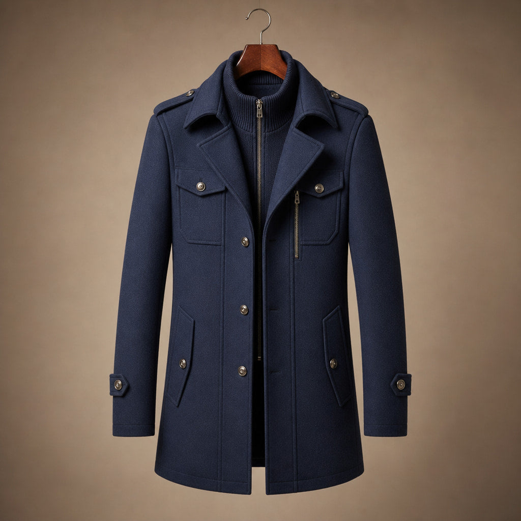 Long Wool Coat Structured Collar Navy Blue – Product Photo
