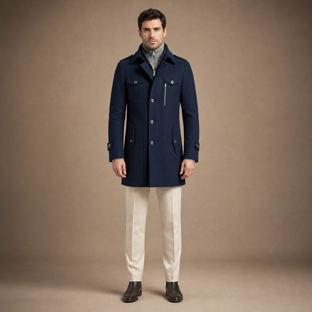Long Wool Coat Structured Collar in Navy Blue – Tarlano Premium Menswear