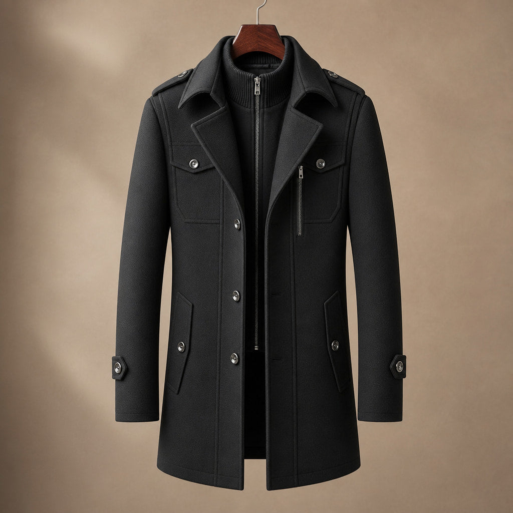 Long Wool Coat Structured Collar Obsidian Black – Product Photo