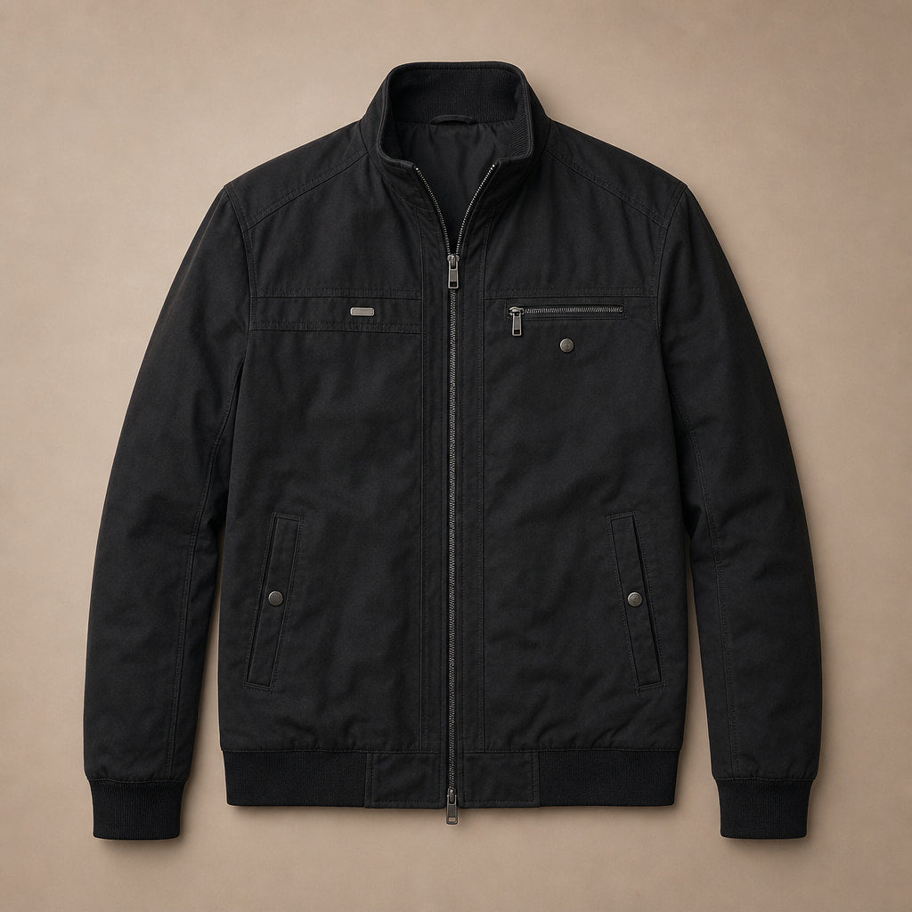 Puffer Jacket Quilted Zip Front Black – Flat Lay Product Photo