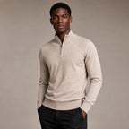 Quarter Zip Sweater Slim Fit Mock Neck Knit Pullover Beige – Side Angle View