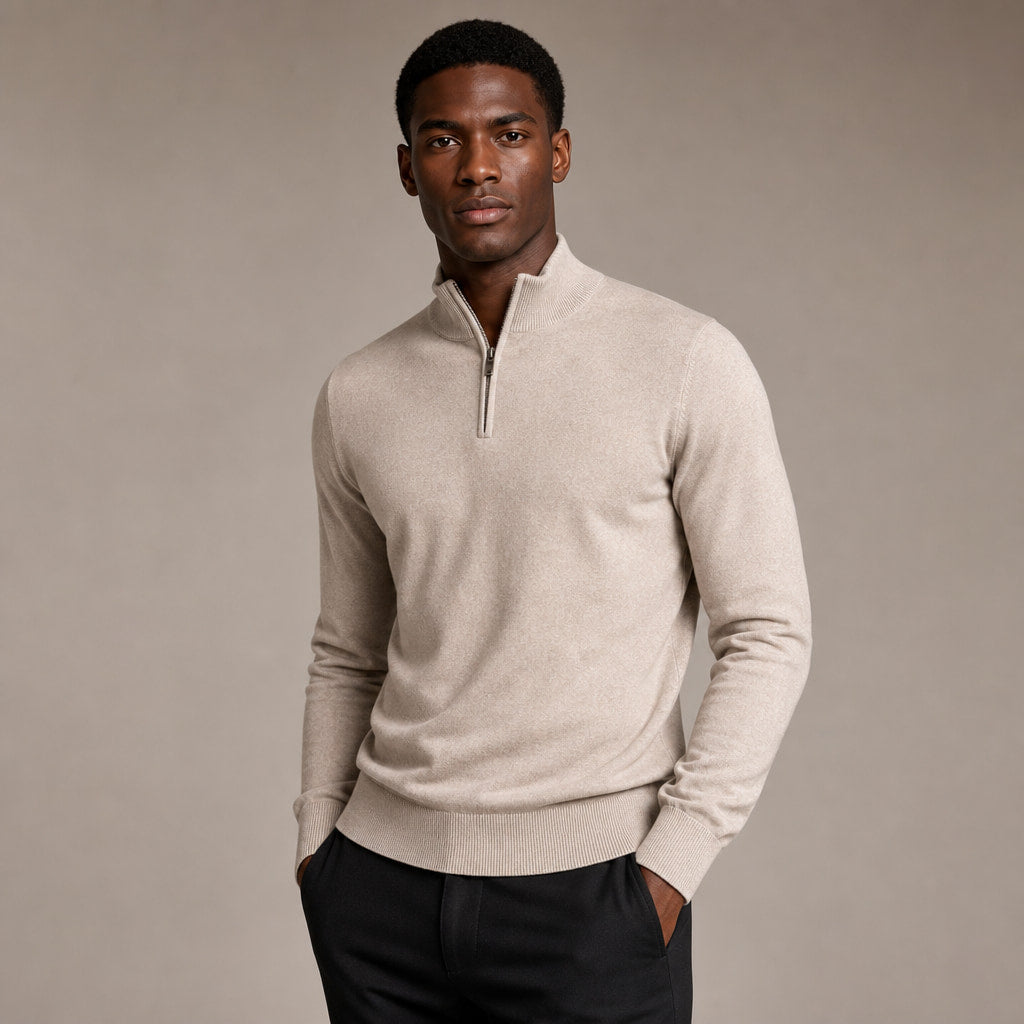 Quarter Zip Sweater Slim Fit Mock Neck Knit Pullover Beige – Side Angle View