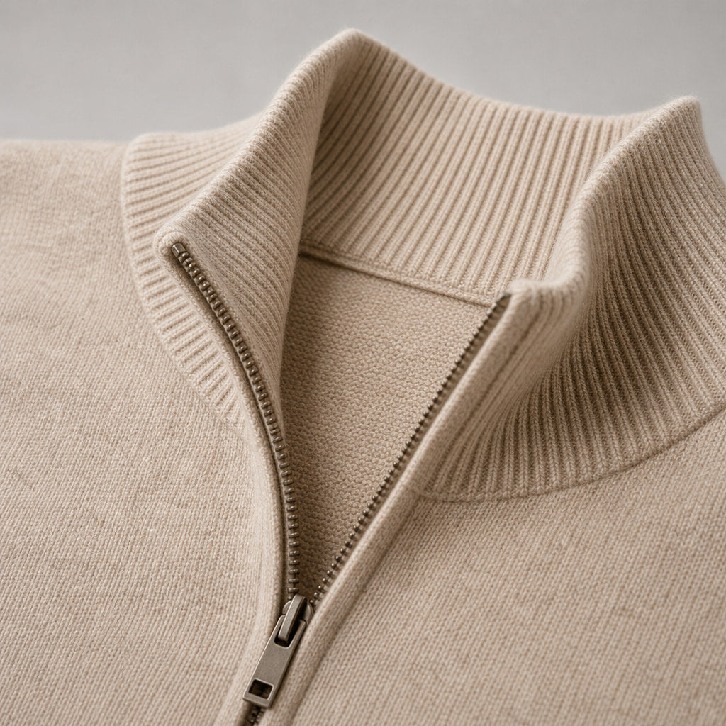 Quarter Zip Sweater Slim Fit Mock Neck Knit Pullover Beige – Fabric and Detail Close-Up