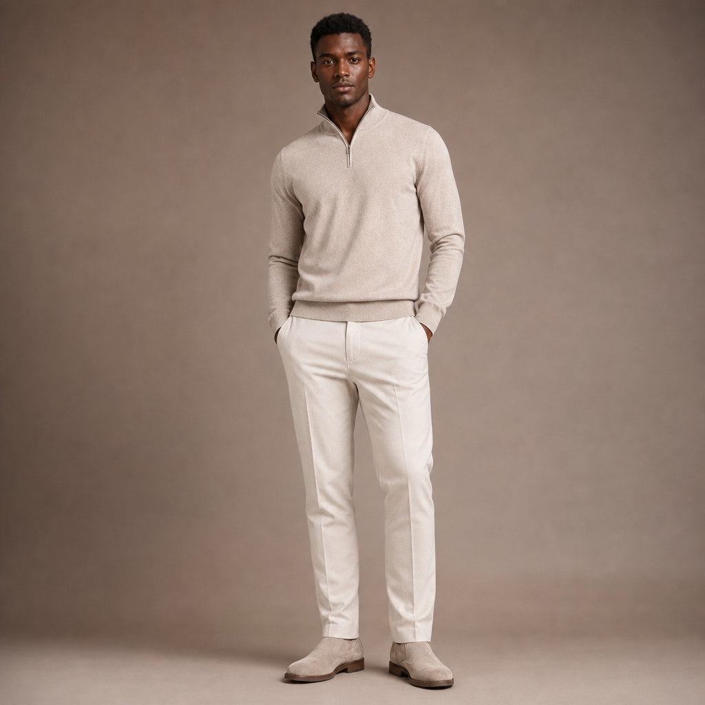 Quarter Zip Sweater Slim Fit Mock Neck Knit Pullover Beige – Full Look
