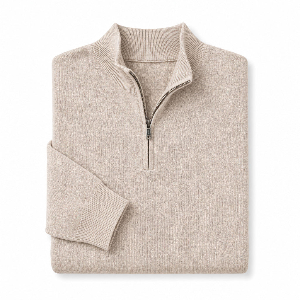 Quarter Zip Sweater Slim Fit Mock Neck Knit Pullover Beige – Product Photo