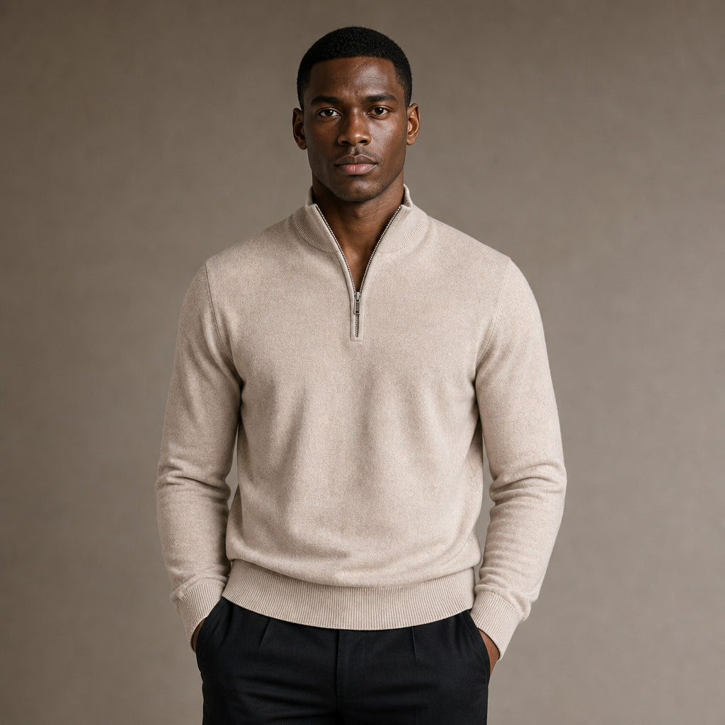 Quarter Zip Sweater Slim Fit Mock Neck Knit Pullover in Beige – Tarlano Premium Menswear