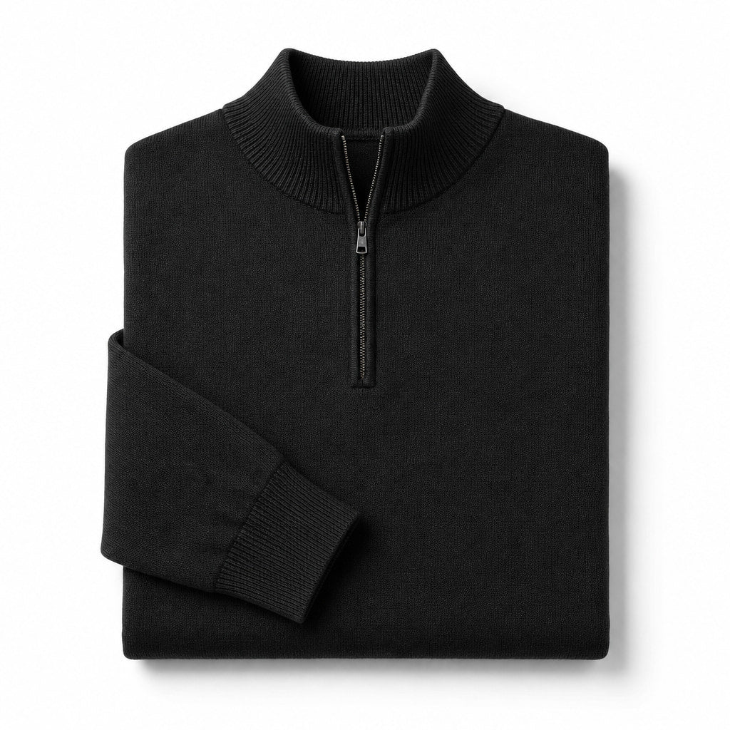 Quarter Zip Sweater Slim Fit Mock Neck Knit Pullover Black – Product Photo