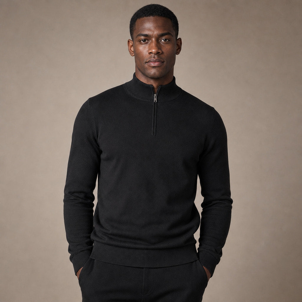 Quarter Zip Sweater Slim Fit Mock Neck Knit Pullover in Black – Tarlano Premium Menswear