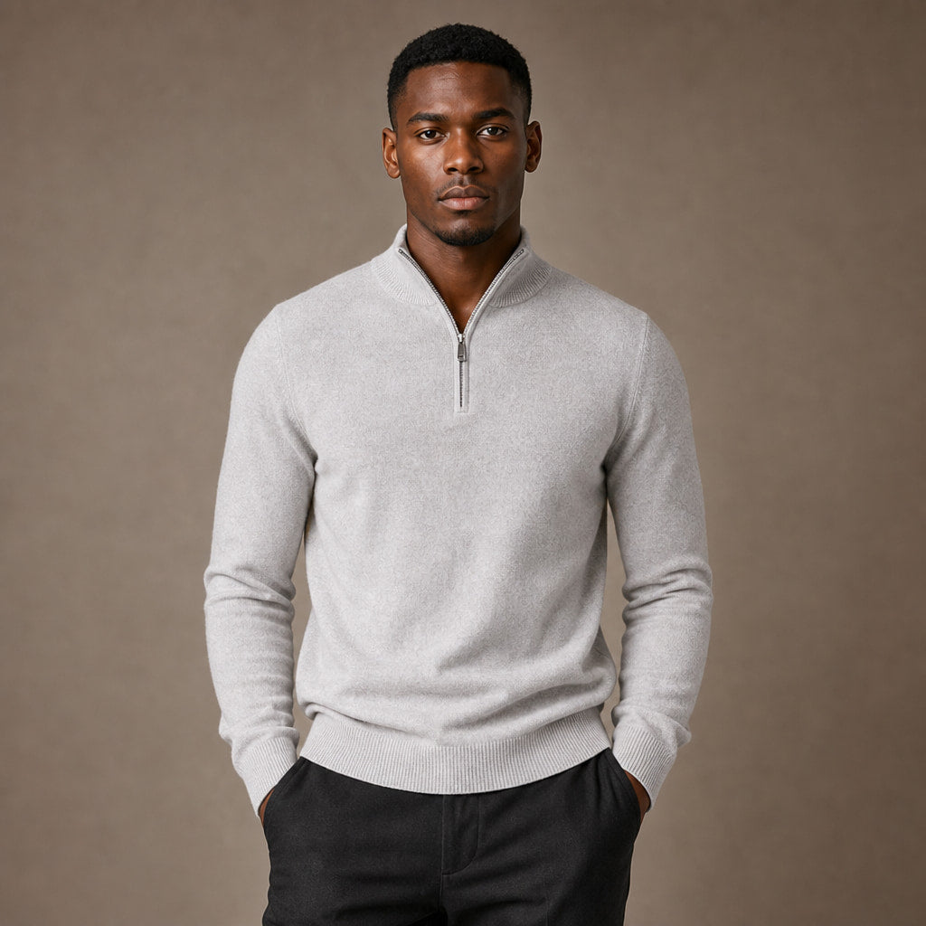 Quarter Zip Sweater Slim Fit Mock Neck Knit Pullover in Light Gray – Tarlano Premium Menswear