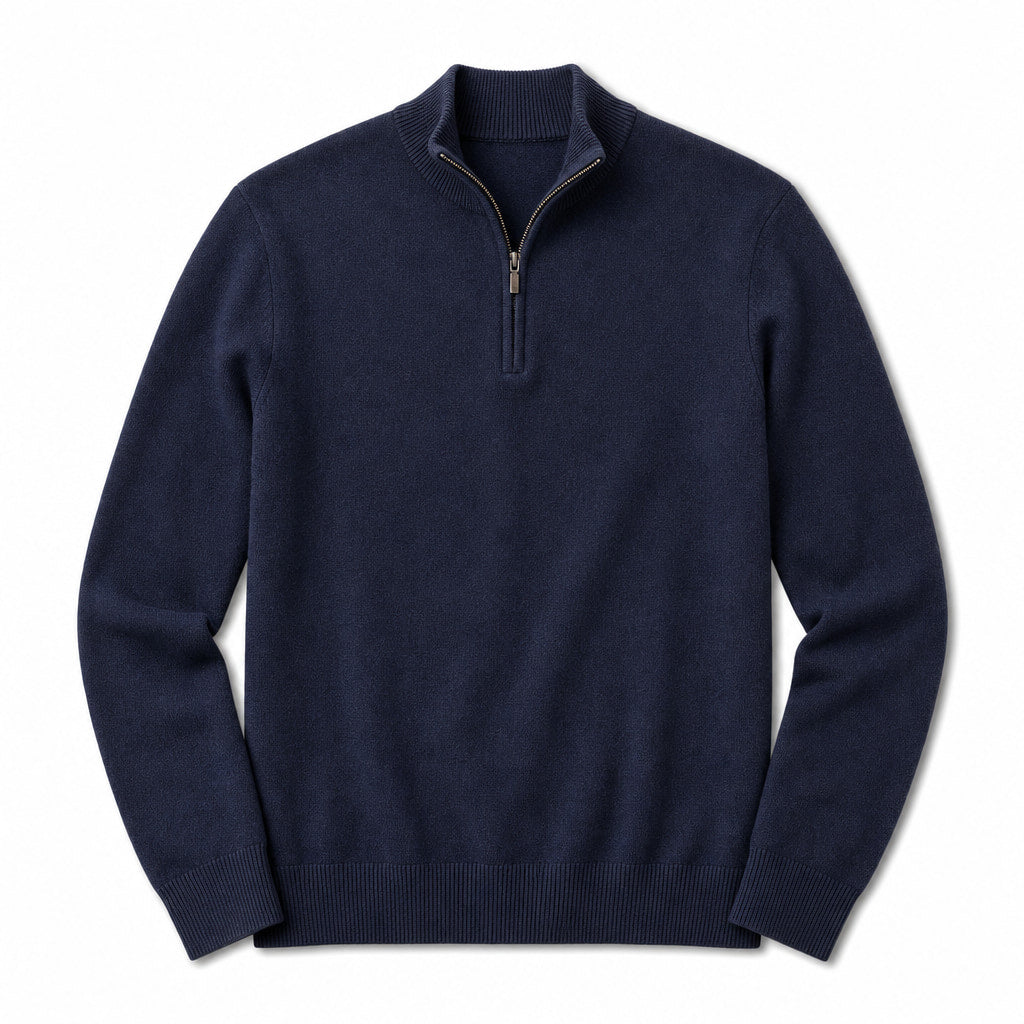 Quarter Zip Sweater Slim Fit Mock Neck Knit Pullover Navy – Product Photo