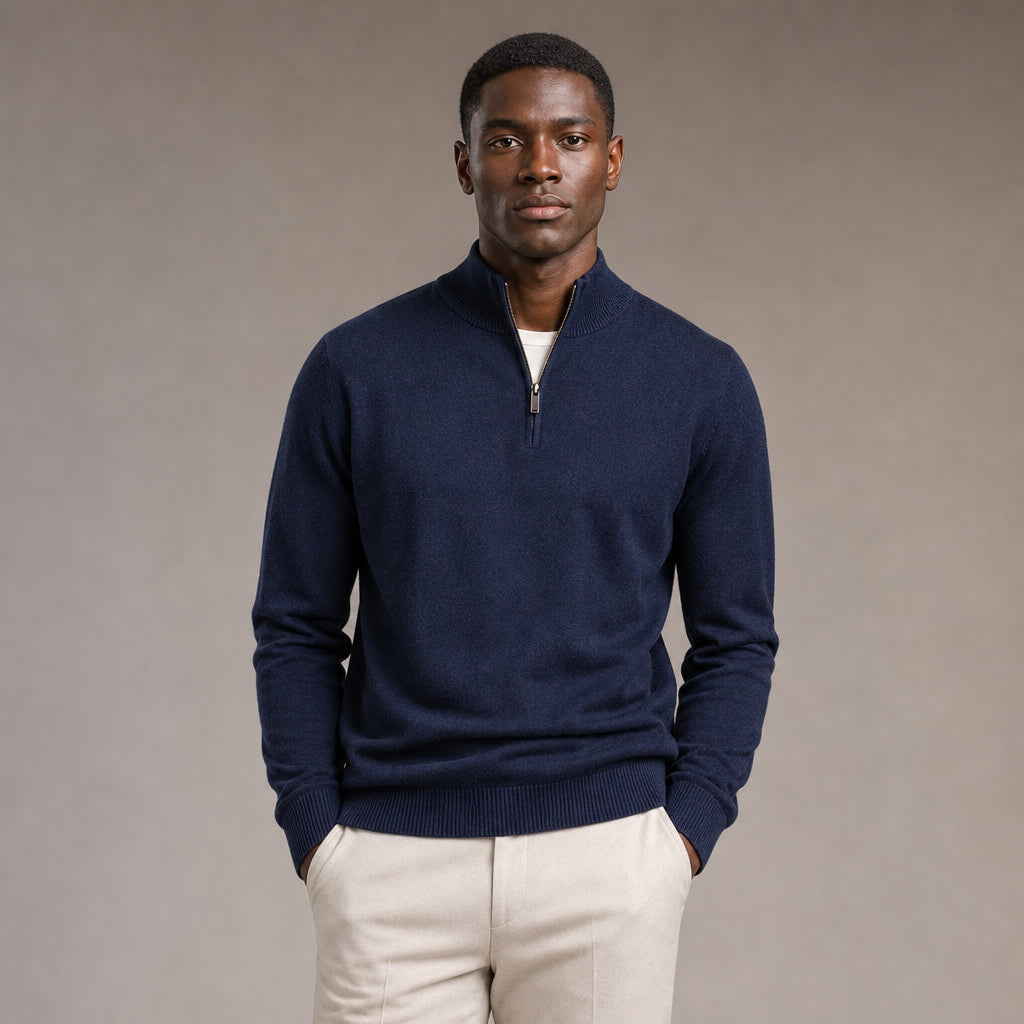 Quarter Zip Sweater Slim Fit Mock Neck Knit Pullover in Navy – Tarlano Premium Menswear