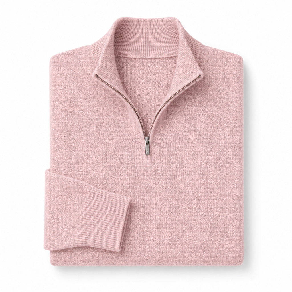 Quarter Zip Sweater Slim Fit Mock Neck Knit Pullover Pink – Product Photo