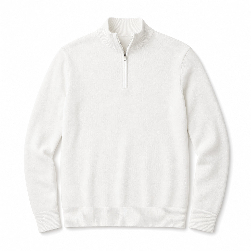 Quarter Zip Sweater Slim Fit Mock Neck Knit Pullover White – Product Photo