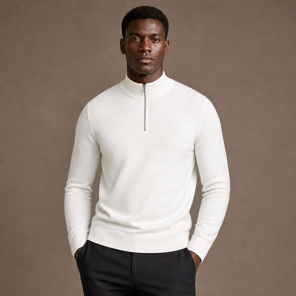 Quarter Zip Sweater Slim Fit Mock Neck Knit Pullover in White – Tarlano Premium Menswear