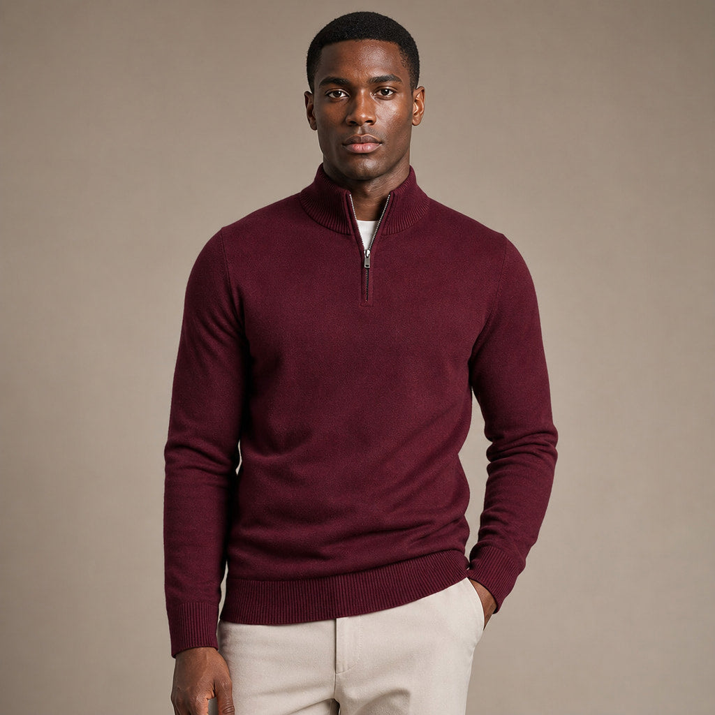 Quarter Zip Sweater Slim Fit Mock Neck Knit Pullover in Wine – Tarlano Premium Menswear