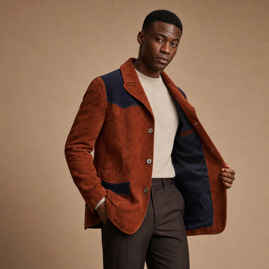 Cillian Rust Brown Suede Leather Blazer With Cotton Patches For Men Brown – Side Angle View