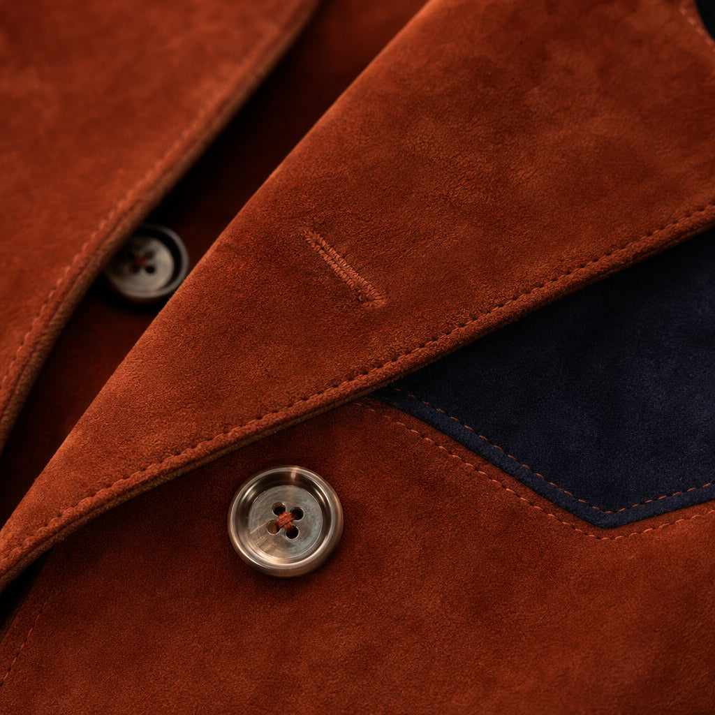 Cillian Rust Brown Suede Leather Blazer With Cotton Patches For Men Brown – Fabric and Detail Close-Up
