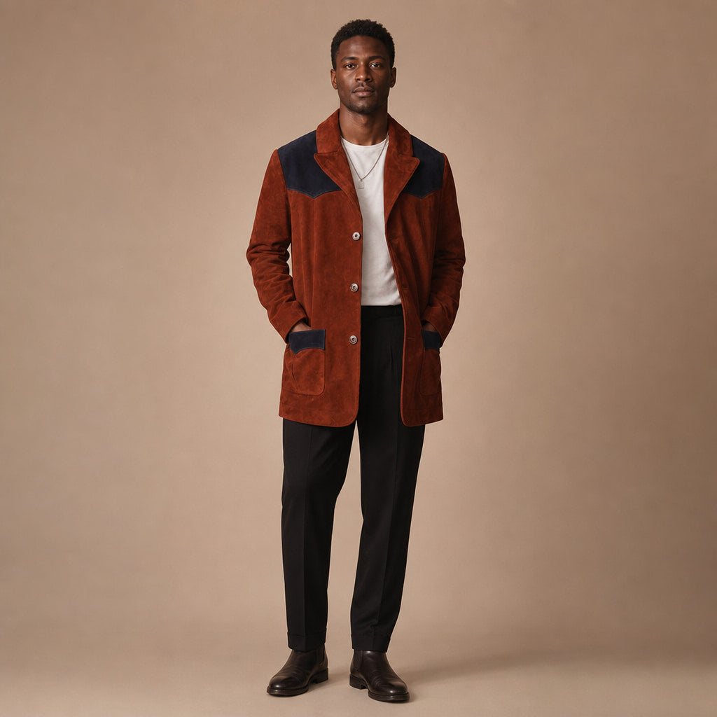 Cillian Rust Brown Suede Leather Blazer With Cotton Patches For Men Brown – Full Look