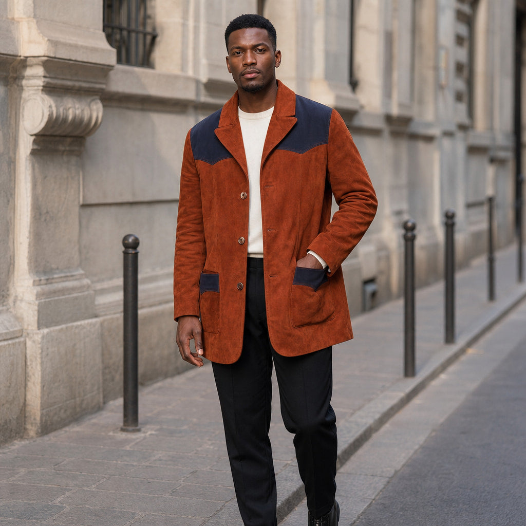 Cillian Rust Brown Suede Leather Blazer With Cotton Patches For Men Brown – Styled Editorial Shot
