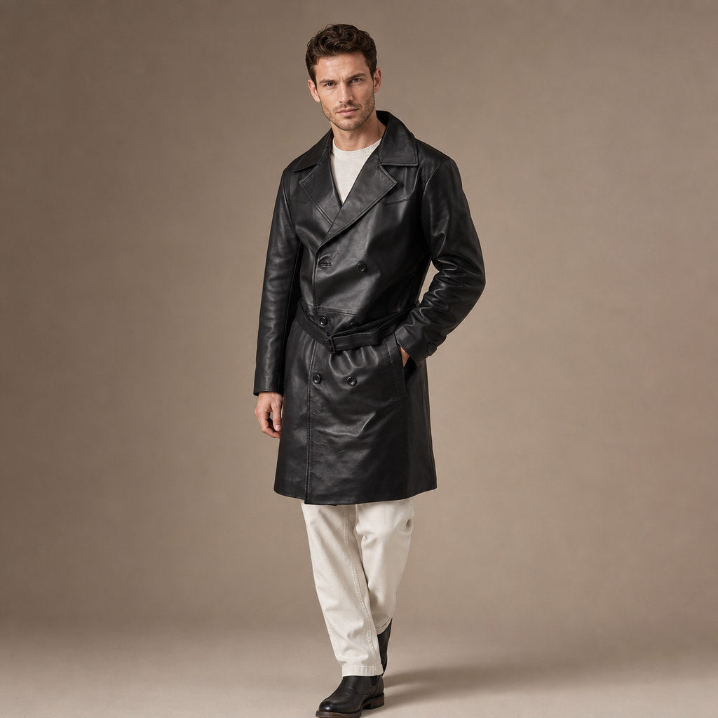 Cipher Black Single-Breasted Leather Trench Coat For Men Black – Side Angle View