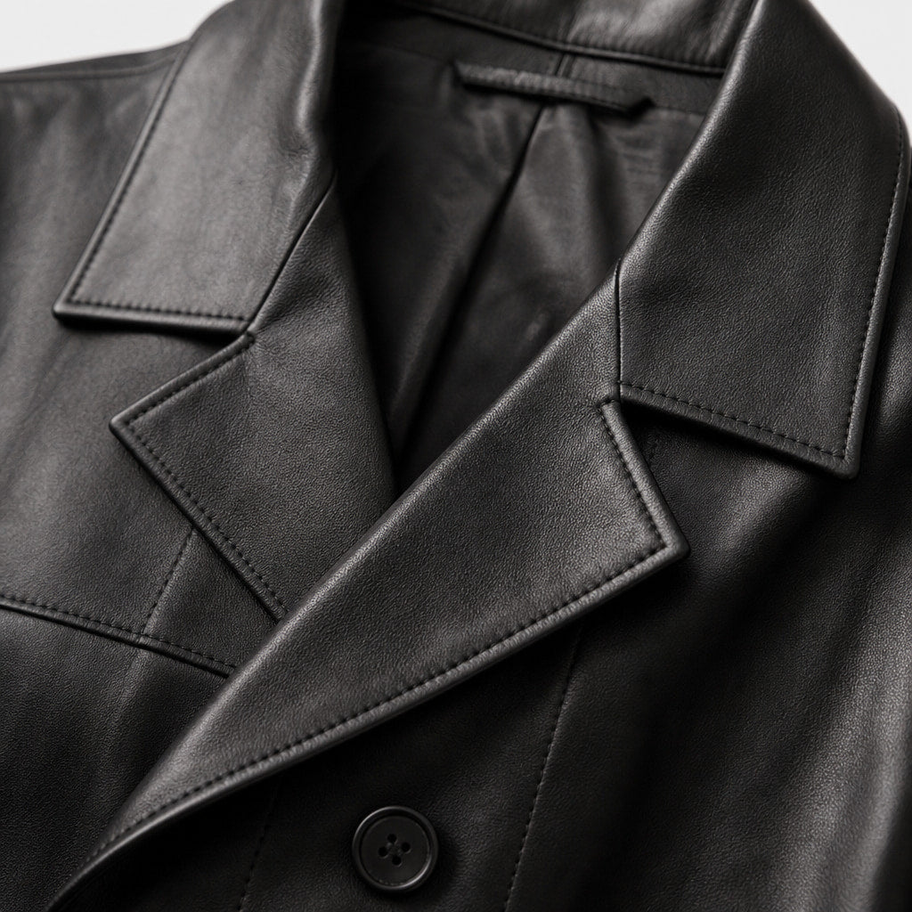 Cipher Black Single-Breasted Leather Trench Coat For Men Black – Fabric and Detail Close-Up