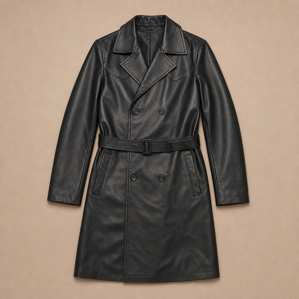 Cipher Black Single-Breasted Leather Trench Coat For Men Black – Flat Lay Product Photo