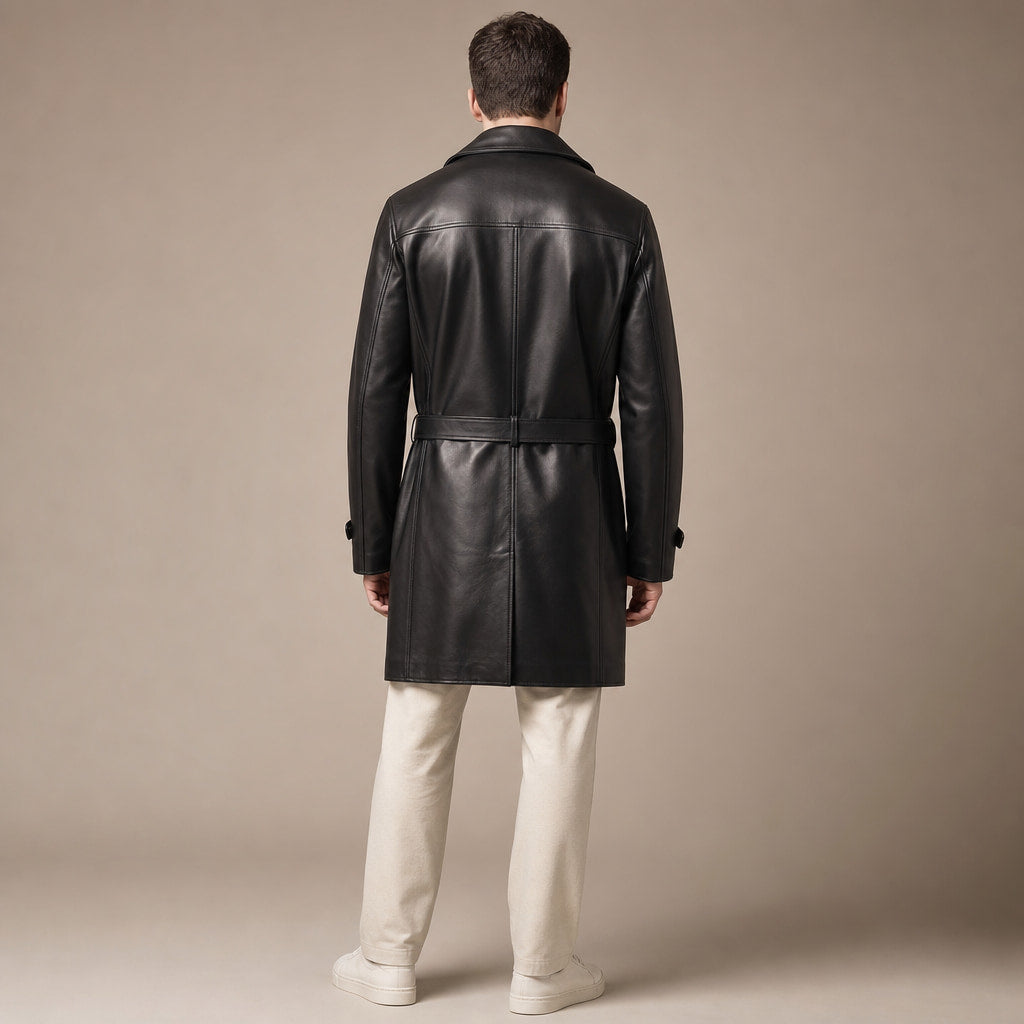 Cipher Black Single-Breasted Leather Trench Coat For Men Black – Full Look