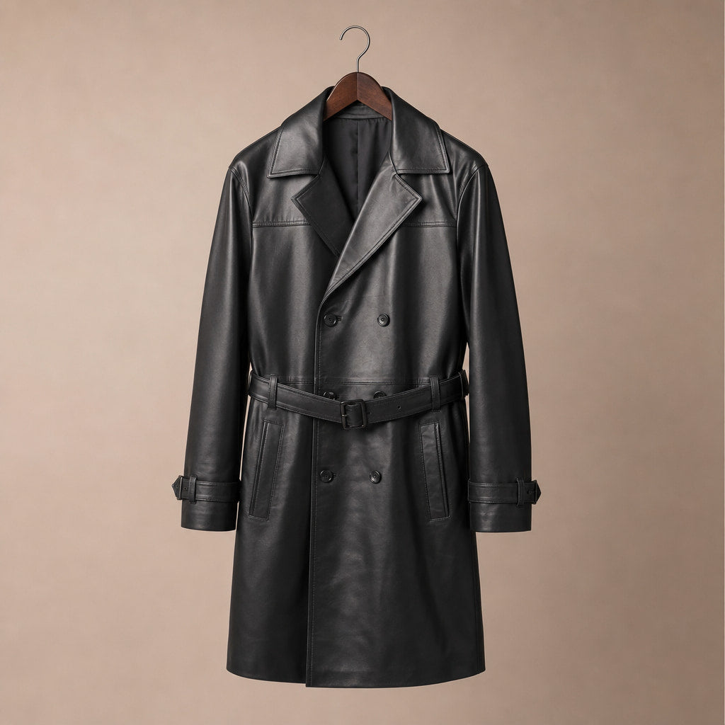 Cipher Black Single-Breasted Leather Trench Coat For Men Black – Product Photo