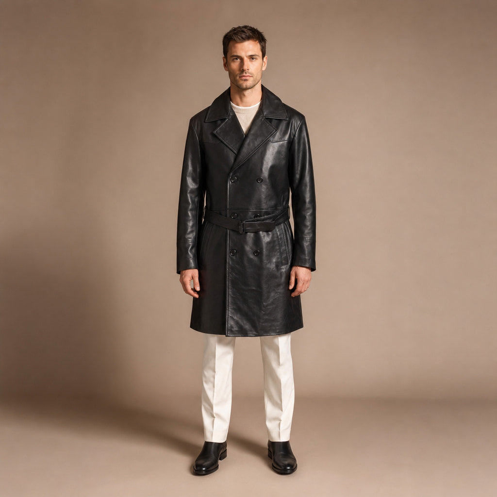 Cipher Black Single-Breasted Leather Trench Coat For Men in Black – Tarlano Premium Menswear