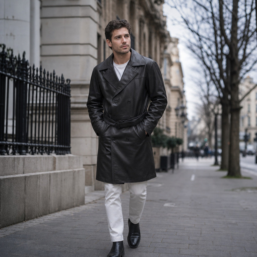 Cipher Black Single-Breasted Leather Trench Coat For Men Black – Styled Editorial Shot
