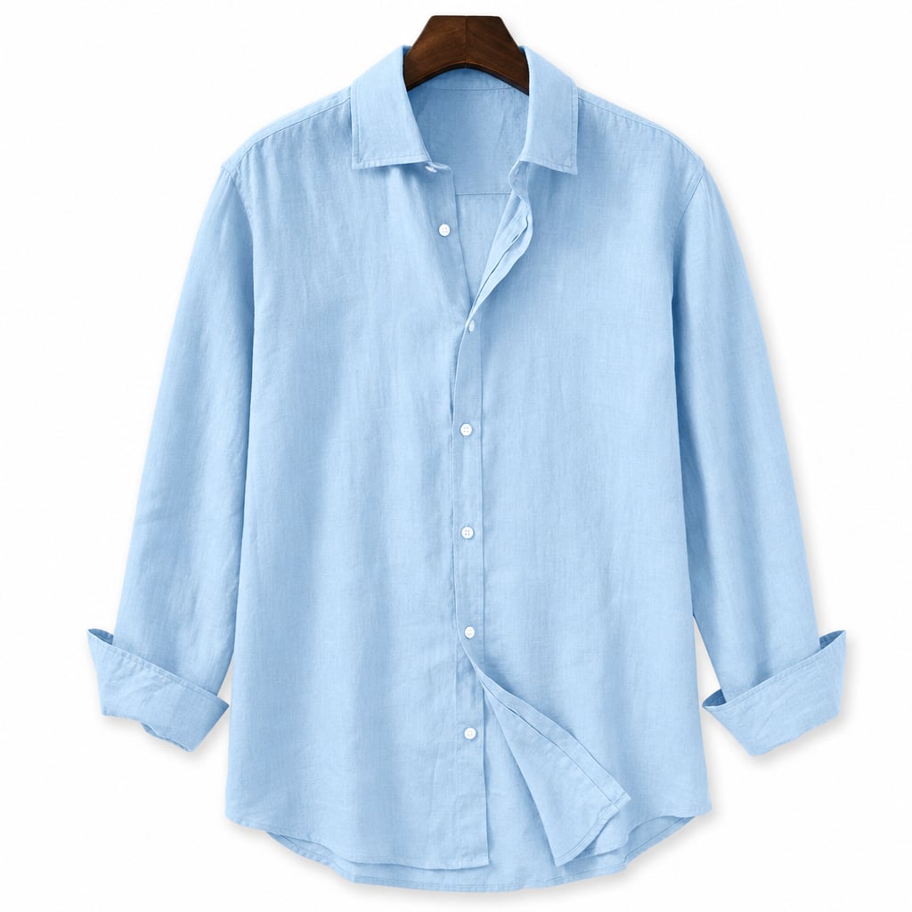 Classic Linen Button-Up Short Sleeve Shirt in White Blue – Product Photo