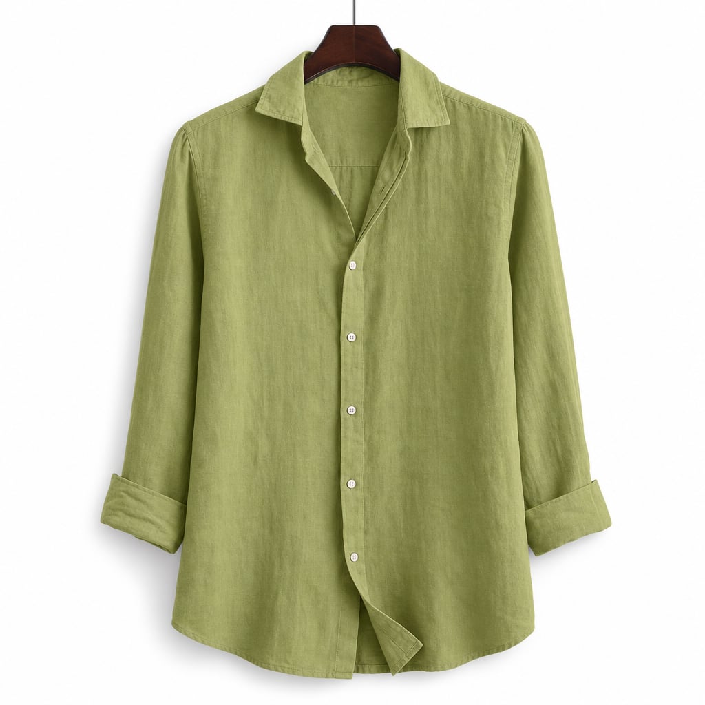 Classic Linen Button-Up Short Sleeve Shirt in White Green – Product Photo