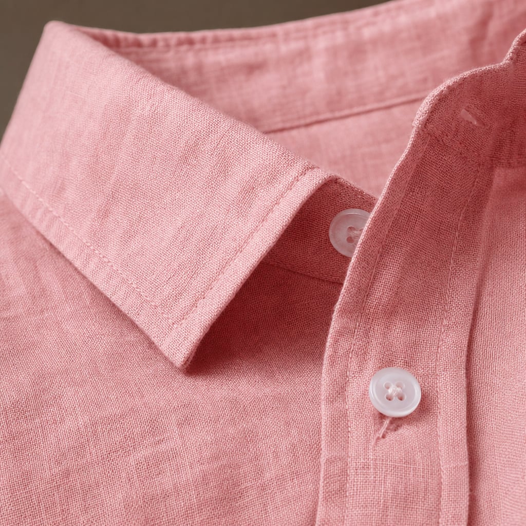 Classic Linen Button-Up Short Sleeve Shirt in White Pink – Fabric and Detail Close-Up