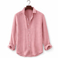 Classic Linen Button-Up Short Sleeve Shirt in White Pink – Product Photo