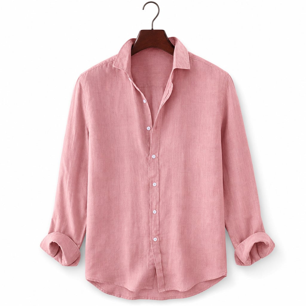 Classic Linen Button-Up Short Sleeve Shirt in White Pink – Product Photo