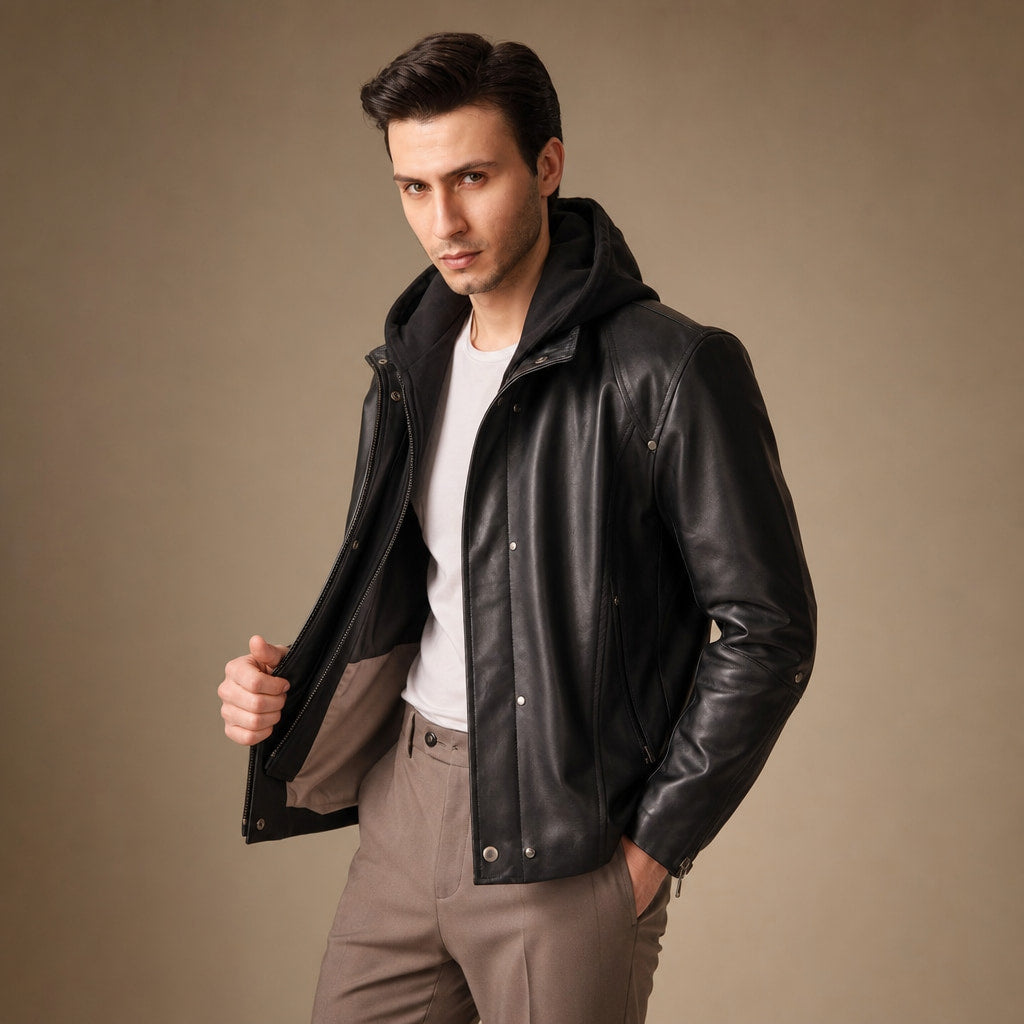 Coalspire Black Leather Double-layered Hooded Jacket For Men Black – Side Angle View