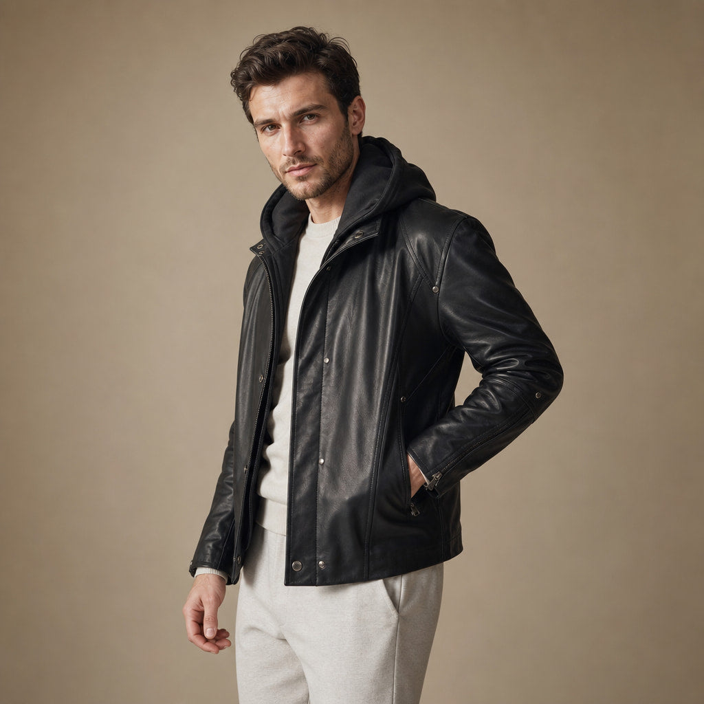 Coalspire Black Leather Double-layered Hooded Jacket For Men Black – Side Angle View