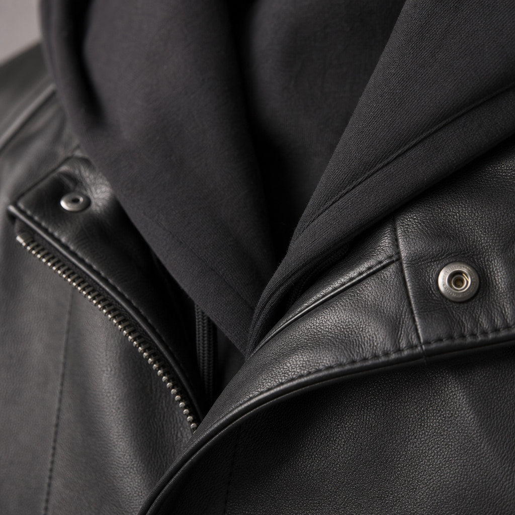 Coalspire Black Leather Double-layered Hooded Jacket For Men Black – Fabric and Detail Close-Up
