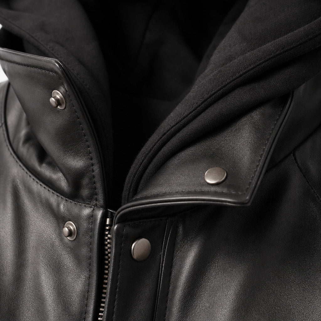 Coalspire Black Leather Double-layered Hooded Jacket For Men Black – Fabric and Detail Close-Up