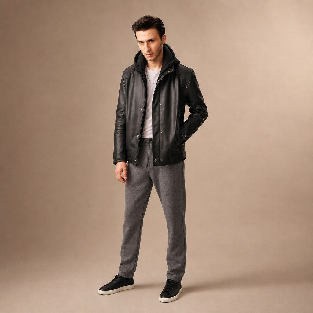 Coalspire Black Leather Double-layered Hooded Jacket For Men Black – Full Look