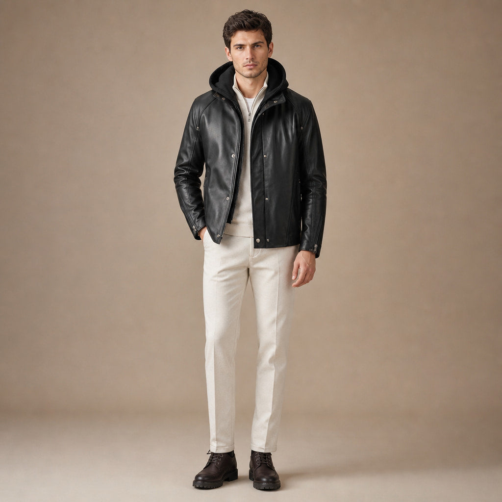 Coalspire Black Leather Double-layered Hooded Jacket For Men Black – Full Look