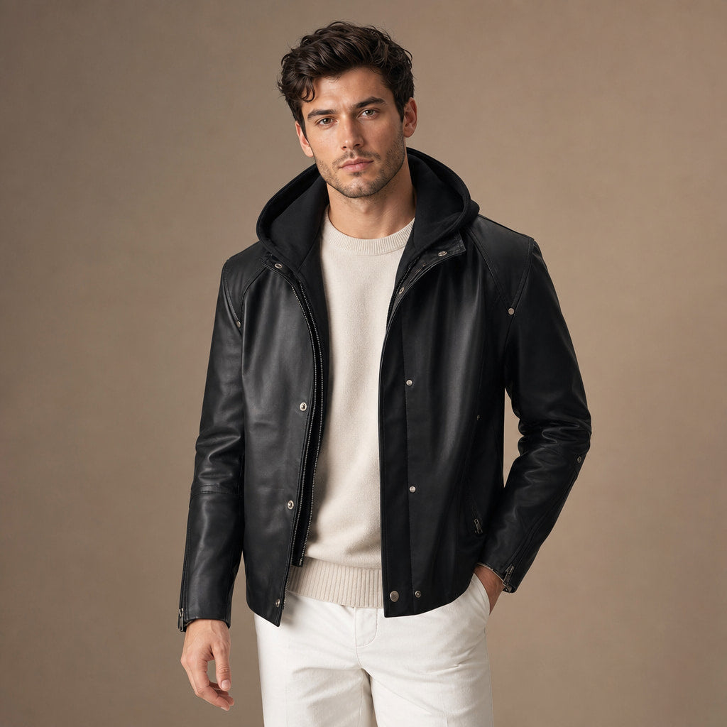 Coalspire Black Leather Double-layered Hooded Jacket For Men Black – Product Photo