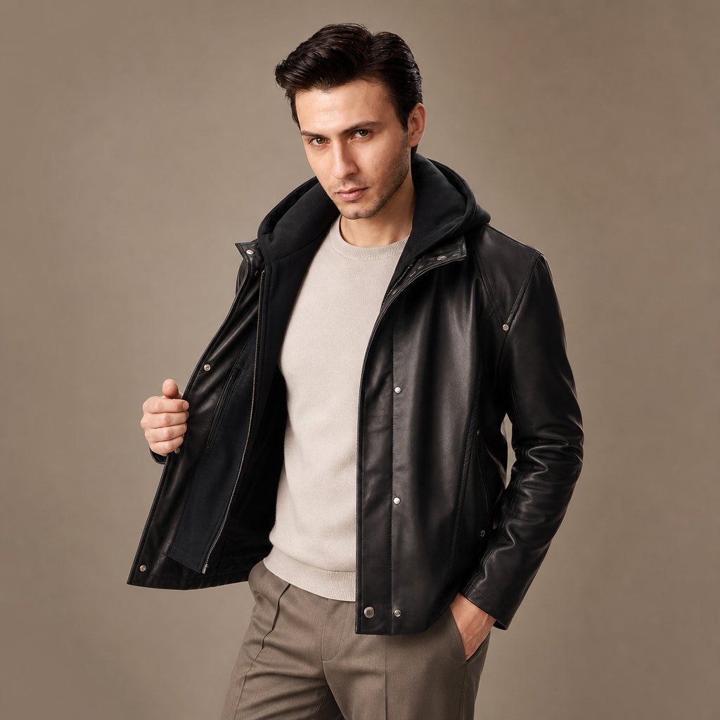 Coalspire Black Leather Double-layered Hooded Jacket For Men in Black – Tarlano Premium Menswear