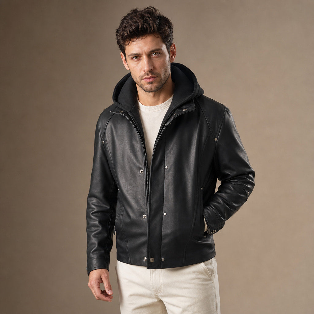 Coalspire Black Leather Double-layered Hooded Jacket For Men in Black – Tarlano Premium Menswear
